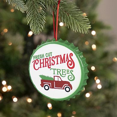4" White Iron Cap "Fresh Cut Christmas Tress" With a Vintage Truck Ornament