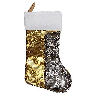 19" Gold and Silver Sequin Christmas Stocking With White Faux Fur Cuff