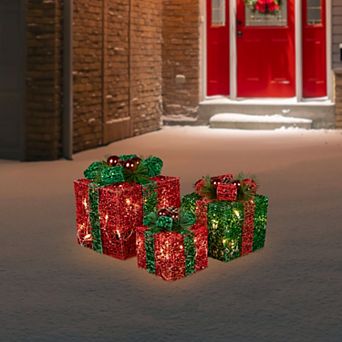 Set of 3 LED Lighted Red and Green Glitter Threaded Gift Boxes Outdoor Christmas Decoration