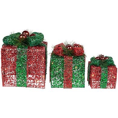 Set of 3 LED Lighted Red and Green Glitter Threaded Gift Boxes Outdoor Christmas Decoration