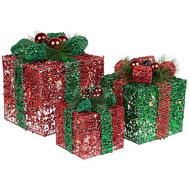 Set of 3 LED Lighted Red and Green Glitter Threaded Gift Boxes Outdoor Christmas Decoration