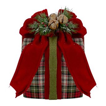 9" Red and Green Plaid Christmas Present Decoration with Bow