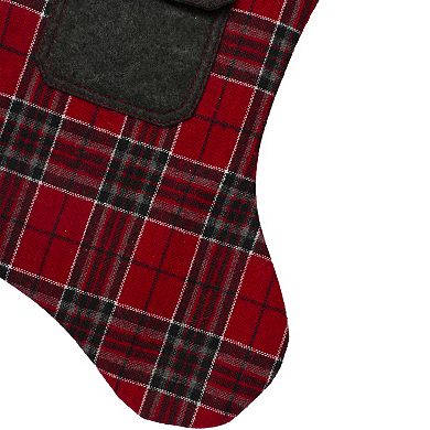 20.5" Red and Black Plaid Christmas Stocking with Pocket and Faux Fur Cuff