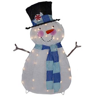 32" Lighted White and Blue Chenille Snowman Outdoor Christmas Decoration