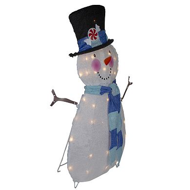 32" Lighted White and Blue Chenille Snowman Outdoor Christmas Decoration