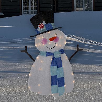 32" Lighted White and Blue Chenille Snowman Outdoor Christmas Decoration
