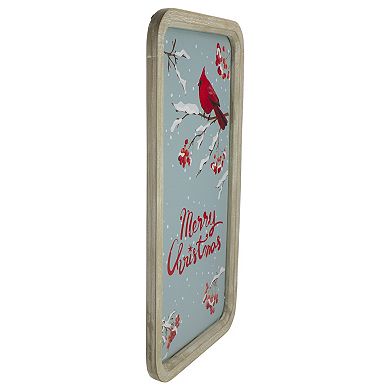 25.5" Wood Framed Blue and Red Merry Christmas Wall Decor with Red Cardinal