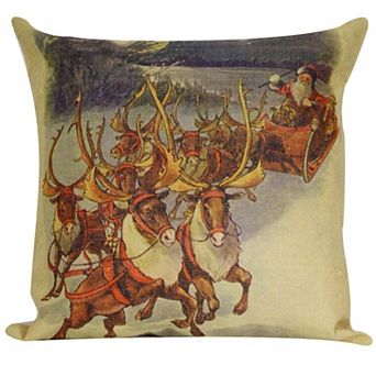 18” Vintage Santa Claus with Reindeer and Sleigh Decorative Christmas Throw Pillow Cover with Insert