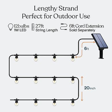 Ambience Pro Commercial Grade Solar Led String Lights - 12 Bulbs 27 Ft, 2700k
