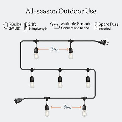 Ambience Pro Weatherproof LED Commercial Grade String Lights - 7 Glass Bulbs, 2W, 24 Ft, 3000K