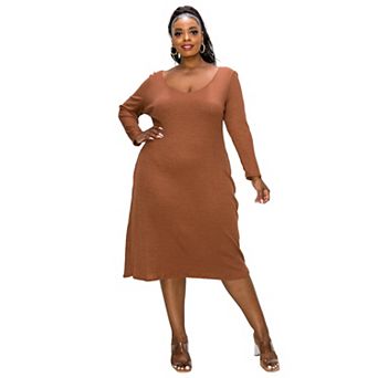 Plunge Neck Cashmere Rib Midi Dress