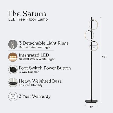 Brightech Saturn Led Floor Lamp With 3 Detachable Light Rings - Modern Tree Floor Lamp - Black