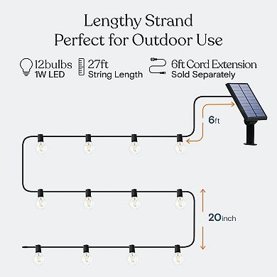 Ambience Pro Weatherproof Solar LED String Lights - 12 Glass Bulb, 1W, 27 Ft, 3000K