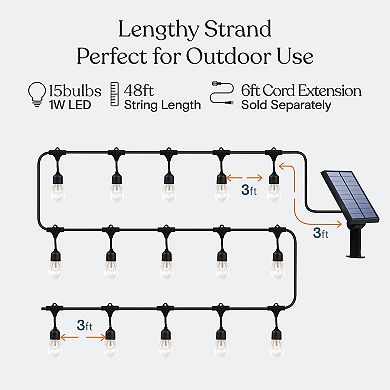 Ambience Pro  Solar Led Commercial Grade String Lights - 15  Bulbs, 1w, 48 Ft, 2700k