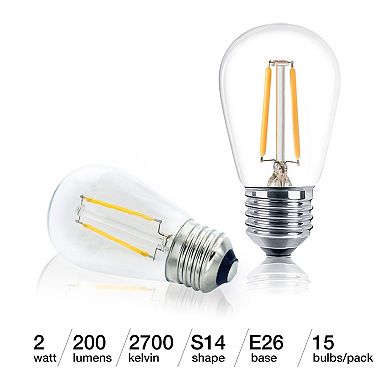 Brightech 15 Pack Bulbs - S14 Bulb, E26 Base, 2 Watt, 2700k Soft White Hue