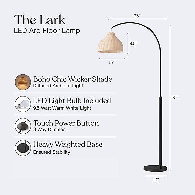 Brightech Lark 75" Arc Led Floor Lamp With Rattan Wicker Shade