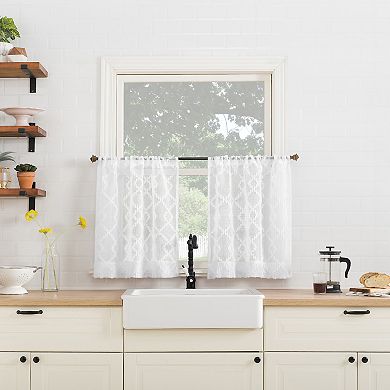 No. 918 Tina Geometric Clipped Jacquard Semi-Sheer Rod Pocket 3-piece Kitchen Curtain Valance & Tiers Set