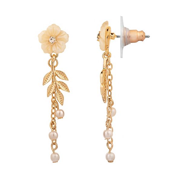 LC Lauren Conrad Gold Tone Simulated Pearl Flower & Leaves Linear Drop ...