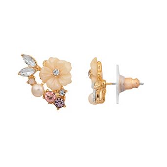 LC Lauren Conrad Gold Tone Crystal & Simulated Pearl Botanical Cluster Stud Earrings