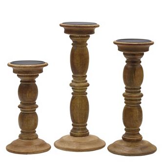 Elements Carved Pillar Candle Holder Table Decor 3 pc Set