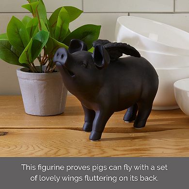 Elements Matte Black Winged Pig Figurine Table Decor