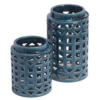 Elements Blue Ceramic Lanterns Table Decor 2-piece Set