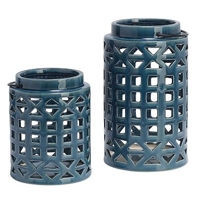 Elements Blue Ceramic Lanterns Table Decor 2-piece Set