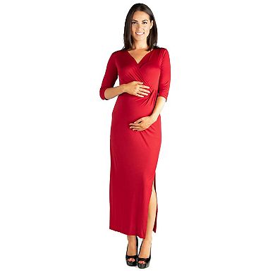 Maternity 24Seven Comfort Apparel Fitted V-Neck Side Slit Maxi Dress
