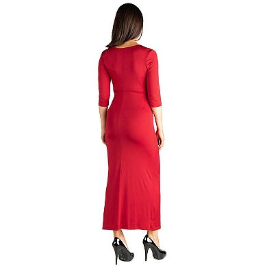 Maternity 24Seven Comfort Apparel Fitted V-Neck Side Slit Maxi Dress