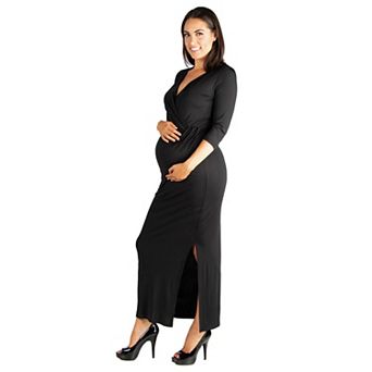 Maternity 24Seven Comfort Apparel Fitted V-Neck Side Slit Maxi Dress