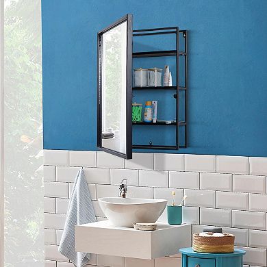 Head West Metal Frame Rectangle Vanity Wall Mirror with Shelves