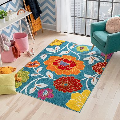 Well Woven StarBright Daisy Flowers Blue Kid's Area Rug