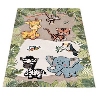 Kids Rug with Jungle Animals - Giraffe Lion Monkey Zebra in Beige