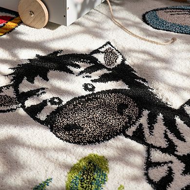 Kids Rug with Jungle Animals - Giraffe Lion Monkey Zebra in Beige