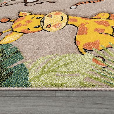 Kids Rug with Jungle Animals - Giraffe Lion Monkey Zebra in Beige