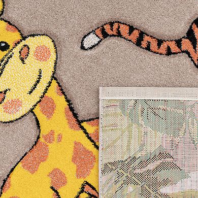 Kids Rug with Jungle Animals - Giraffe Lion Monkey Zebra in Beige