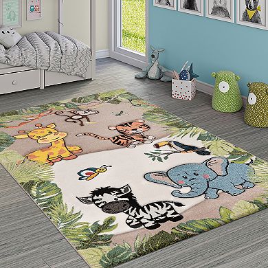 Kids Rug with Jungle Animals - Giraffe Lion Monkey Zebra in Beige