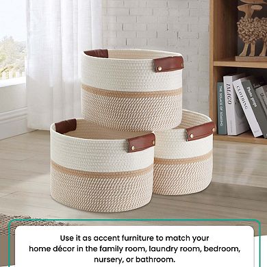 3 Pack Woven Cotton Rope Shelf Storage Basket with Leather Handles