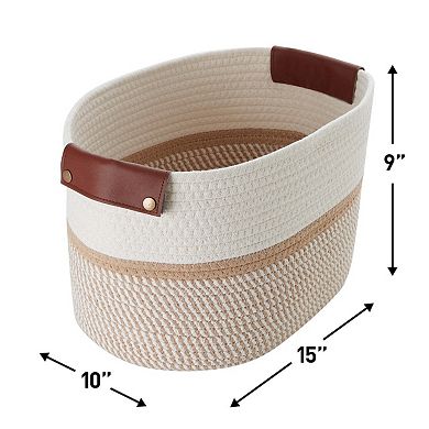 3 Pack Woven Cotton Rope Shelf Storage Basket with Leather Handles