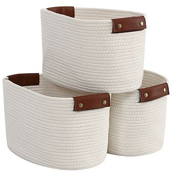 3 Pack Woven Cotton Rope Shelf Storage Basket with Leather Handles