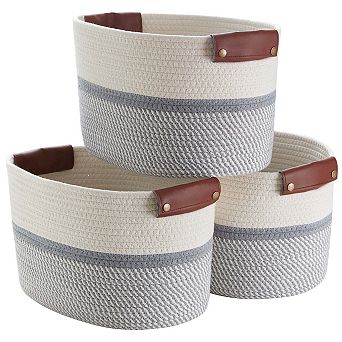3 Pack Woven Cotton Rope Shelf Storage Basket with Leather Handles