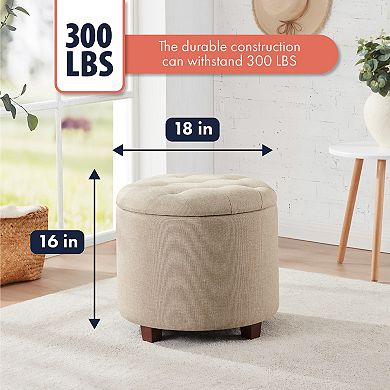 Ornavo Home Donovan Round Tufted Linen Storage Ottoman