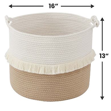 Ornavo Home Medium Round Woven Cotton Rope Boho Tassels Storage Basket