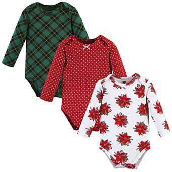 Hudson Baby Infant Girl Cotton Long-Sleeve Bodysuits, Poinsettia, 0-3 Months
