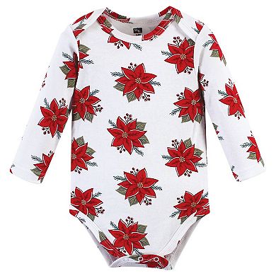 Hudson Baby Infant Girl Cotton Long-Sleeve Bodysuits, Poinsettia, 0-3 Months