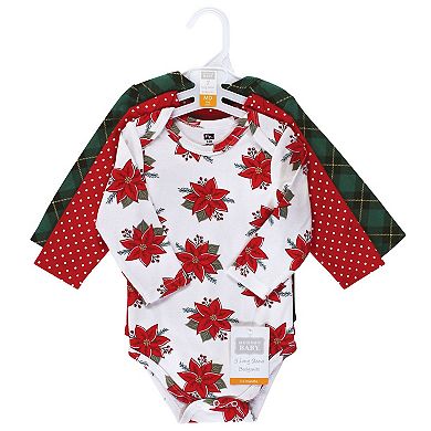 Hudson Baby Infant Girl Cotton Long-Sleeve Bodysuits, Poinsettia, 0-3 Months
