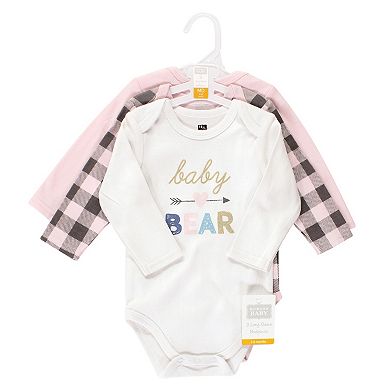 Hudson Baby Infant Girl Cotton Long-Sleeve Bodysuits, Girl Baby Bear