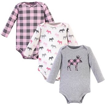 Hudson Baby Infant Girl Cotton Long-Sleeve Bodysuits, Pink Moose