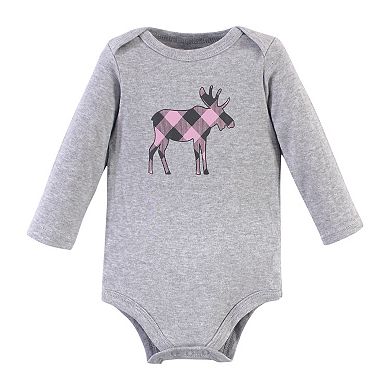 Hudson Baby Infant Girl Cotton Long-Sleeve Bodysuits, Pink Moose