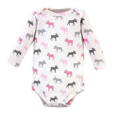 Hudson Baby Infant Girl Cotton Long-Sleeve Bodysuits, Pink Moose